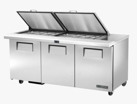 True Refrigeration TSSU-72-24M-B-ST-HC FLID TSSU Series Prep Table, 24x 1/6 Top Pans, 3 Solid Swing Doors, Removable lids